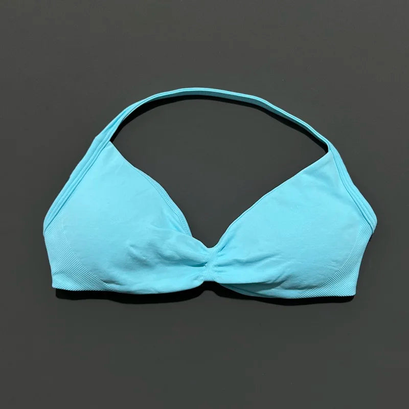HISTELLO Strappy Bra Gym Top Women High Support Thin Strap Halter Sports Seamless Bras Scrunch Push-up Workout Yoga Tank Tops