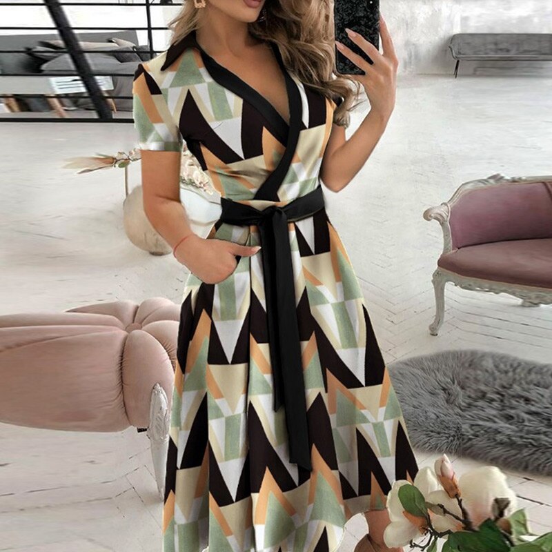 Sexy Women V-Neck Sexy Dresses Elegant Butterfly Print Long Sleeve Lace Up Wrap Midi Dress