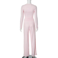 Apprabant Solid Pleated Casual Basic Trousers Set Round Neck Long Sleeve Top Fashion Sports Style High Waist Wide Leg Pants Suit