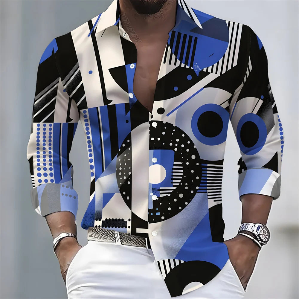 2026 Spring/Autumn New Men's Light Luxury Baroque Style Long-Sleeved Shirt with Color-Blocked Geometric Print Lapel Cardigan