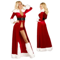 Women Red Velvet Sexy Christmas Costume Xmas Party Cosplay Santa Claus Long Sleeved Coat Suit Christmas Performance Clothing