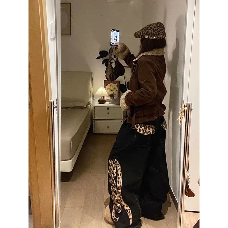 ZHIZOU Women's Baggy Black Jeans Y2k American Retro Designer Leopard Denim Pants Grunge Harajuku Hip-pop Wide Fit Cowboy Pants