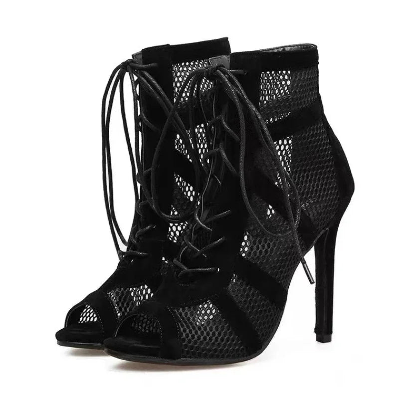 Sexy High Heels Hollow Mesh Sandals Women Summer Cross-tied Peep Toe Heeled Sandals Ankle Strap Dance Shoes Black Net Sandals