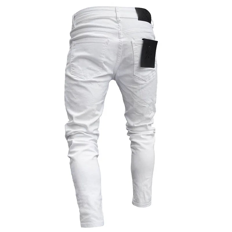 White Embroidery Skinny Ripped Jeans Men Cotton Stretchy Slim Fit Hip Hop Denim Pants Casual Jeans for Men Jogging Trousers