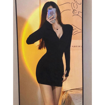 Slim Fit Long Sleeve V-Neck Dress Sexy Black Mini Dress for Women Autumn Winter Fashion Street Style Polyester Spandex Blend