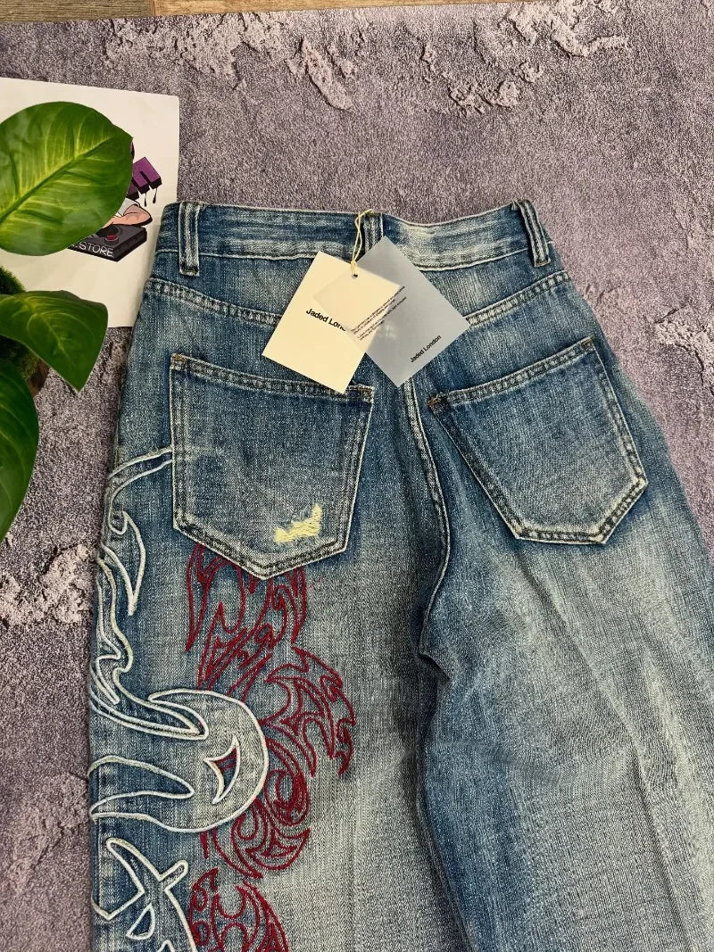 Y2K Fashion Pattern Embroidery Baggy Jeans Men and Women High Street Vintage Hip Hop Casual Couple High Quality Wide-leg Pants