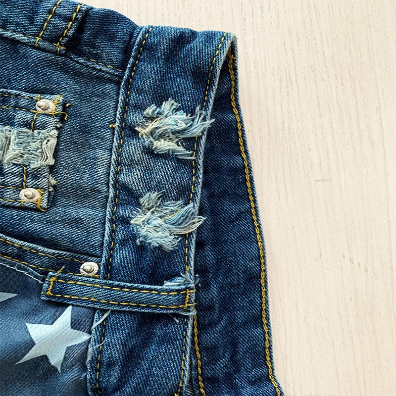 Denim Shorts Women Jeans Knee Length Pentagram Print Tassels Mid Waist Washed Distressed 2025 Streetwear Summer Short Pants