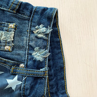 Denim Shorts Women Jeans Knee Length Pentagram Print Tassels Mid Waist Washed Distressed 2025 Streetwear Summer Short Pants