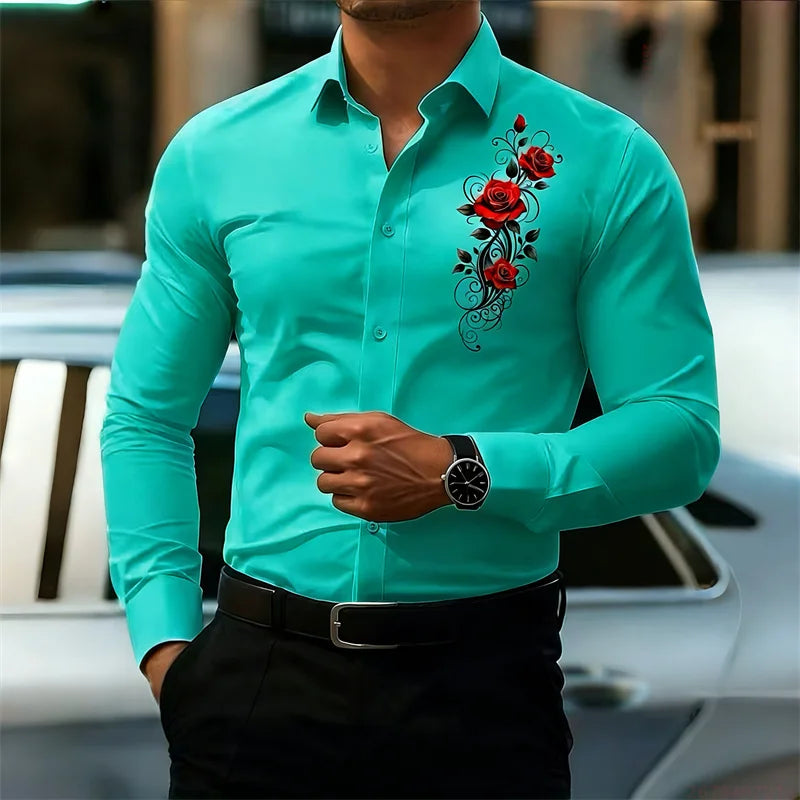 Men's long-sleeved shirt, featuring a vintage red rose print design.  A stylish business casual shirt and fashionable men's top.