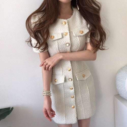 Beige Tweed Dress for Woman Single-breasted Pocket Short-sleeve Elegant Dress Vestido O-neck Vintage Party Dresses Fall