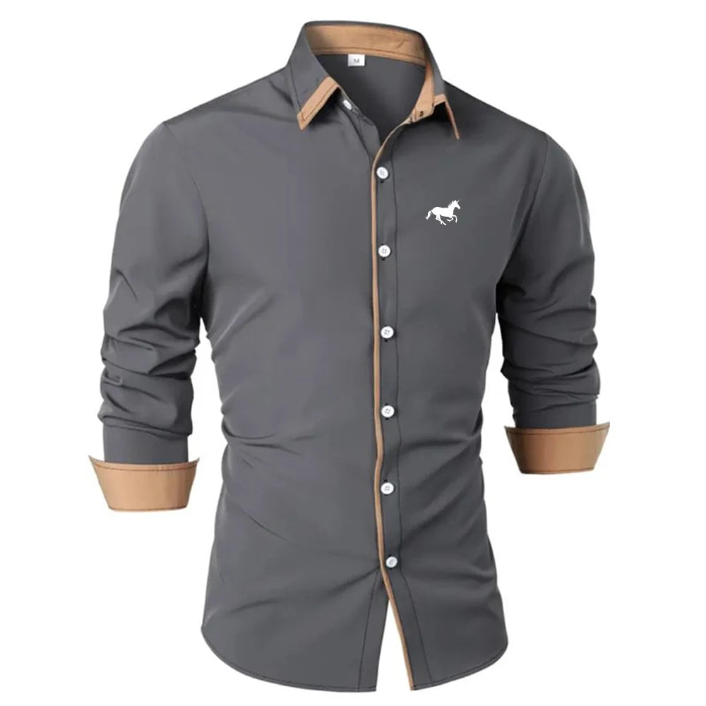 Men's Stylish Long Sleeve Shirt with Contrast Inner Collar and Cuff Trim Featuring a Subtle Printed Horse Logo on Chest Shirts