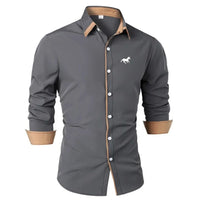 Men's Stylish Long Sleeve Shirt with Contrast Inner Collar and Cuff Trim Featuring a Subtle Printed Horse Logo on Chest Shirts