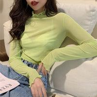 Sexy Women T Shirt See Through Transparent Tops Long Sleeve Ladies T-Shirt Pink Green Basic Top for Female Bottoming Blouses