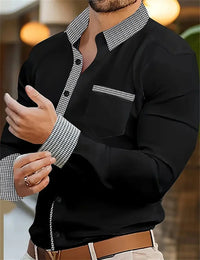 Men's Button Up Shirt, Black and White Solid Color, Long Sleeved Striped Cuffs, Lapel Collar, Daily Vacation Pocket, Fashionable