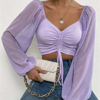 Sexy Mesh Lantern Sleeves Drawstring Wrap Chest Bare Midriff T Shirt Women Long Sleeves Bottoming Shirt Ladies Tee Shirt Tops