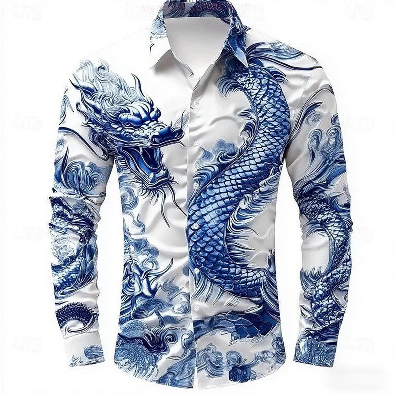 multicolour Dragon Men's Long Sleeve Shirt Button Fashion Casual Shirt Vacation Everyday Spring Lapel 3D Printed Men's Clothing