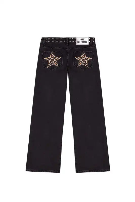ONE DILEMMA American Fashion Jeans Womens Red Five Pointed Star Sequined Rivet Baggy Jeans Y2K Casual Mid Rise Slim Trousers