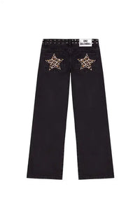 ONE DILEMMA American Fashion Jeans Womens Red Five Pointed Star Sequined Rivet Baggy Jeans Y2K Casual Mid Rise Slim Trousers