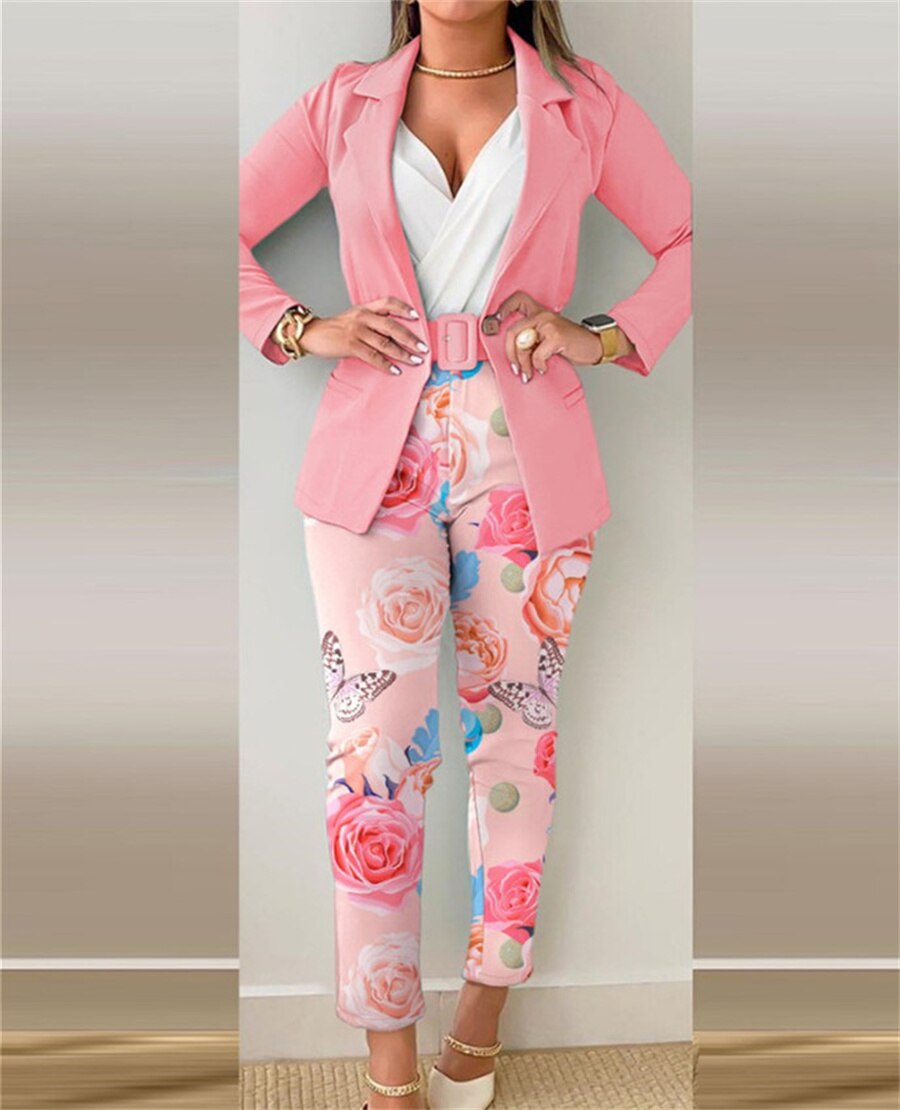 Two Piece Set Women Formal Office Suit with Belt Slim Elegant Pant Sets Autumn Long Sleeve Blazer Floral Print Women's Outfits