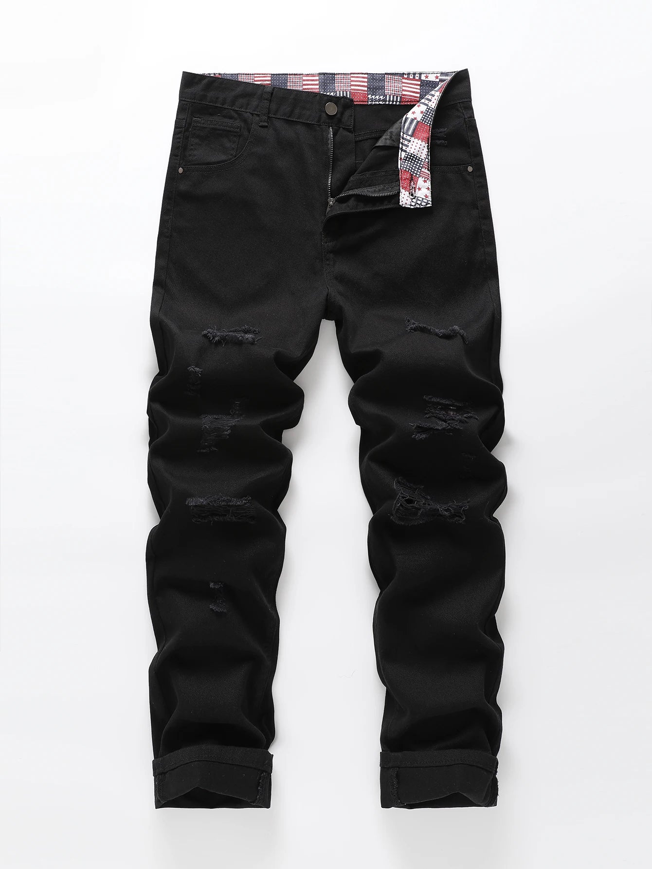 Men’s Slim Fit Ripped Black Jeans Distressed Casual Pants Streetwear Fashion Trousers USA Flag Print Waistband