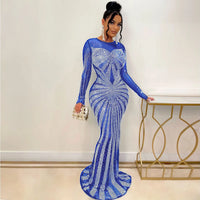 Sexy Rhinestone Crystal Mesh See Through Maxi Dress New Women Long Sleeve Birthday Night Clubwear Long Dress Wedding Party Dress