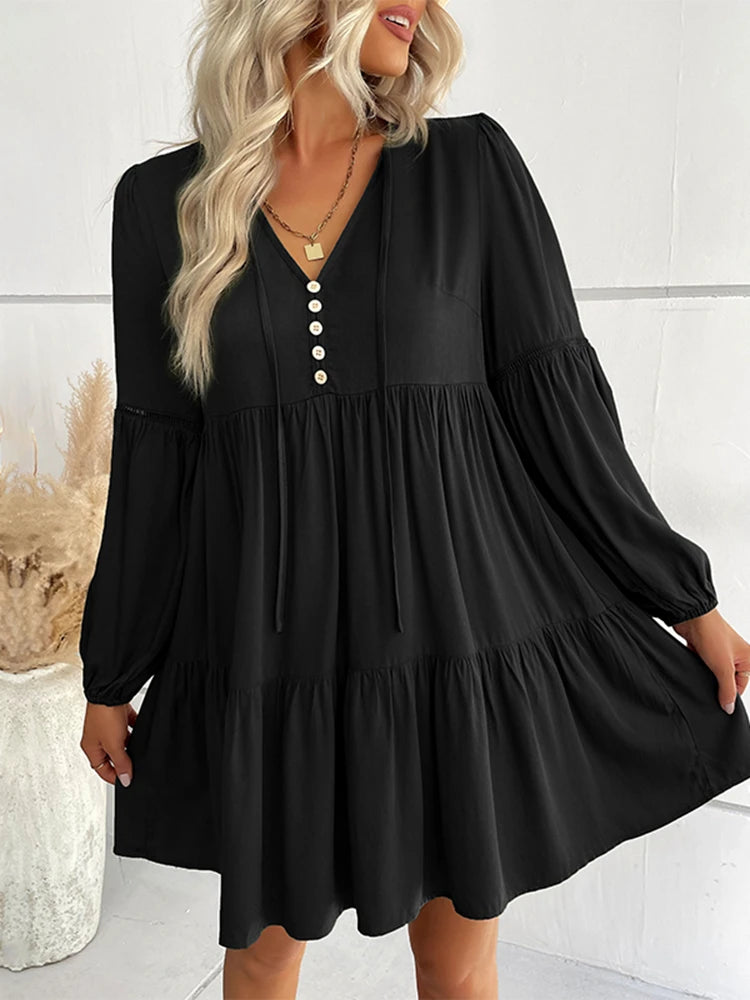 M 2023 New Women's Fashion V Neck Long Sleeve Green Lace Up Early Autumn Loose Dress For Ladies Solid Color Chic Dresses