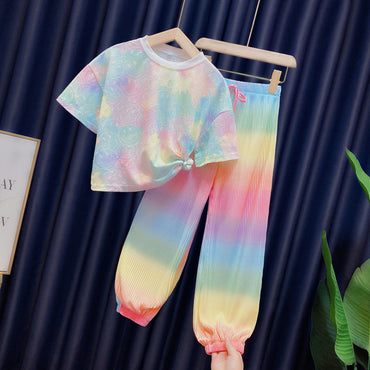 Girls 2023 Summer New Fashion Ice Silk Rainbow Gradient Color Loose 2pcs T-shirts+pants Suits 3-12 Years Kids Tie-dyed Clothing