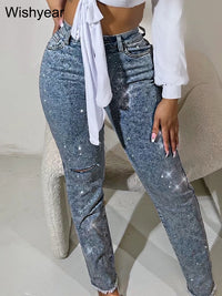 Fashion Skinny Stretch Jeans for Women Luxury Diamonds Hole Pencil Pants High Waist Washed Streetwear Y2k Streetwear Trousers