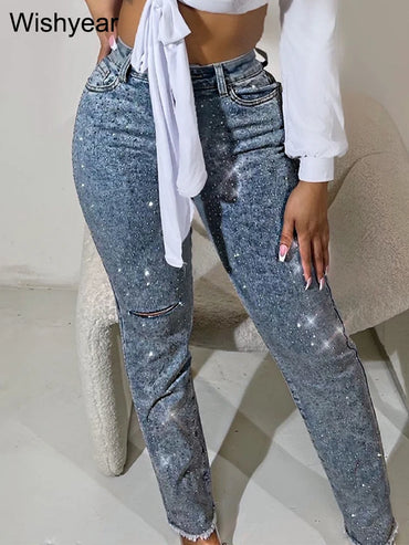 Fashion Skinny Stretch Jeans for Women Luxury Diamonds Hole Pencil Pants High Waist Washed Streetwear Y2k Streetwear Trousers