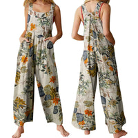 Combhasaki Women's S-3XL Cotton and Linen Jumpsuit Leaf Floral Print Square Neck Sleeveless Casual Loose Overalls with Pockets