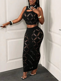 FHSEER 2PCS Women's Sexy Set Plus Size Black Mesh Hollow Out Crop Tank & High Waist Bodycon Mini Skirt Lace Stretechy Clubwear