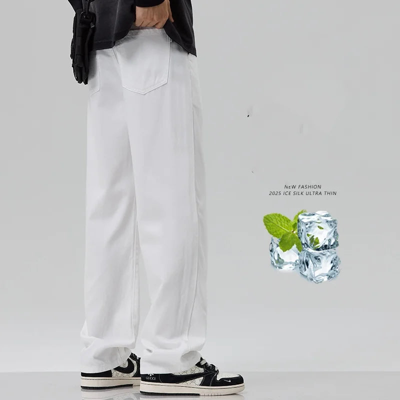Men's White Jeans, Summer Thin Ice Silk Loose Straight Leg Wide Leg Pants, Fashionable Washed and Hanging Casual Versatile Pants