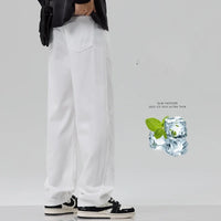 Men's White Jeans, Summer Thin Ice Silk Loose Straight Leg Wide Leg Pants, Fashionable Washed and Hanging Casual Versatile Pants