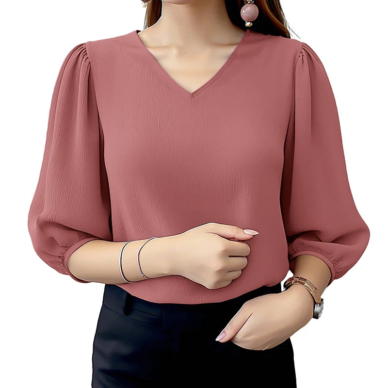 ZANZEA Women Crinkled Texture Puff Sleeve Blouse, Elegant O Neck 3/4 Sleeve Blusas Mujer, Summer Fashion Solid Color Casual Tops