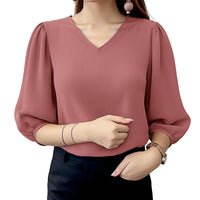 ZANZEA Women Crinkled Texture Puff Sleeve Blouse, Elegant O Neck 3/4 Sleeve Blusas Mujer, Summer Fashion Solid Color Casual Tops