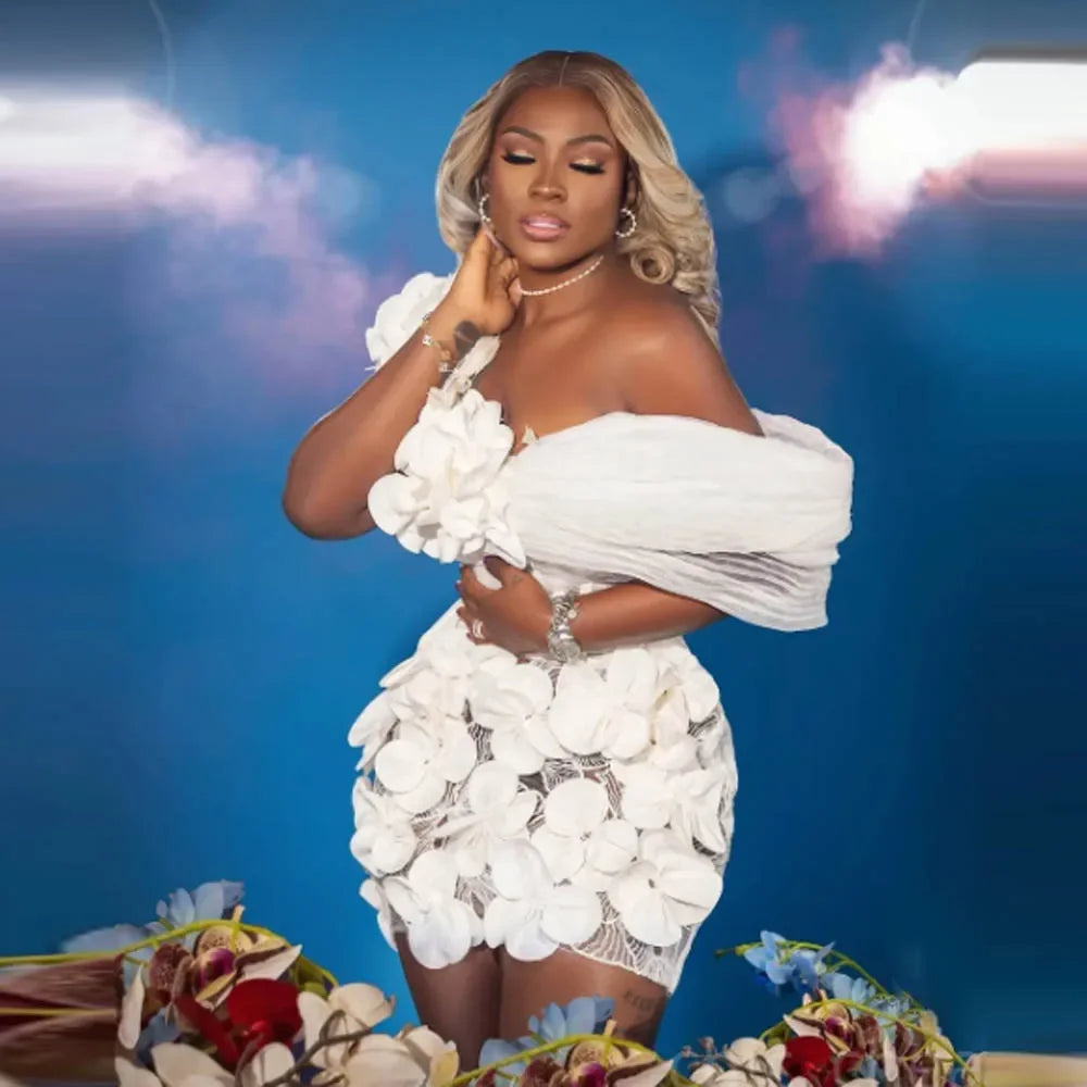 Sexy White Ruffled Floral Short Prom Dresses Black Girls Mini Length 3D Flowers Birthday Party Dress African Women Event Formal