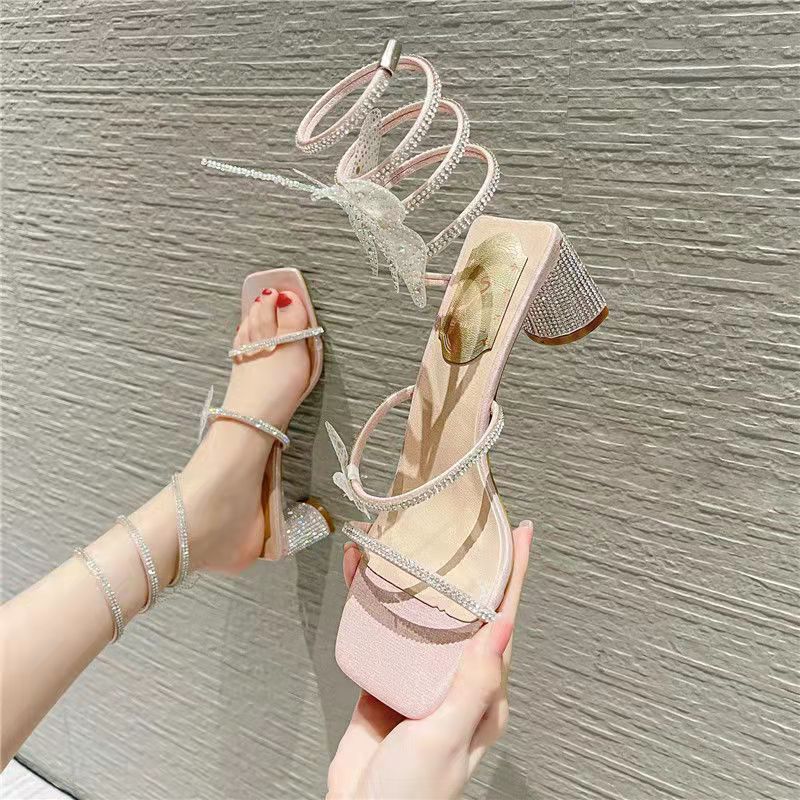 2023 Summer Luxury Women Sandals For Weddings Bride Shoe Golden Sandal Rhinestone Snake Wrap High Heel Birthday Party Shoes