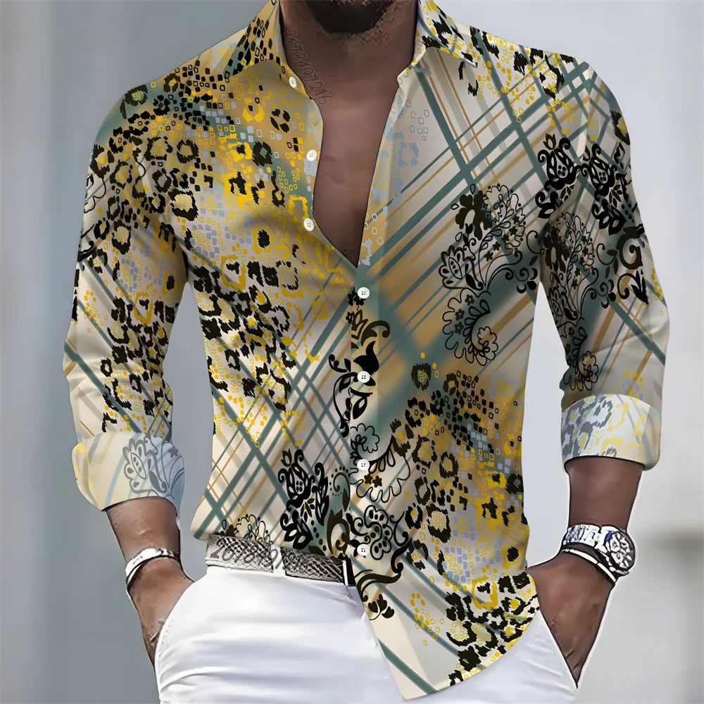 Summer lightweight men's printed long-sleeved shirt, retro floral plaid color-blocked casual shirt, Hawaiian vacation style top.