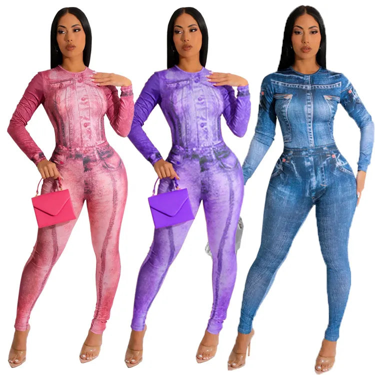 Sexy Printed Slim Jumpsuits Women Overalls Long Sleeve One Piece Tight Pants New 2023 Female Rompers Playsuit Round Neck