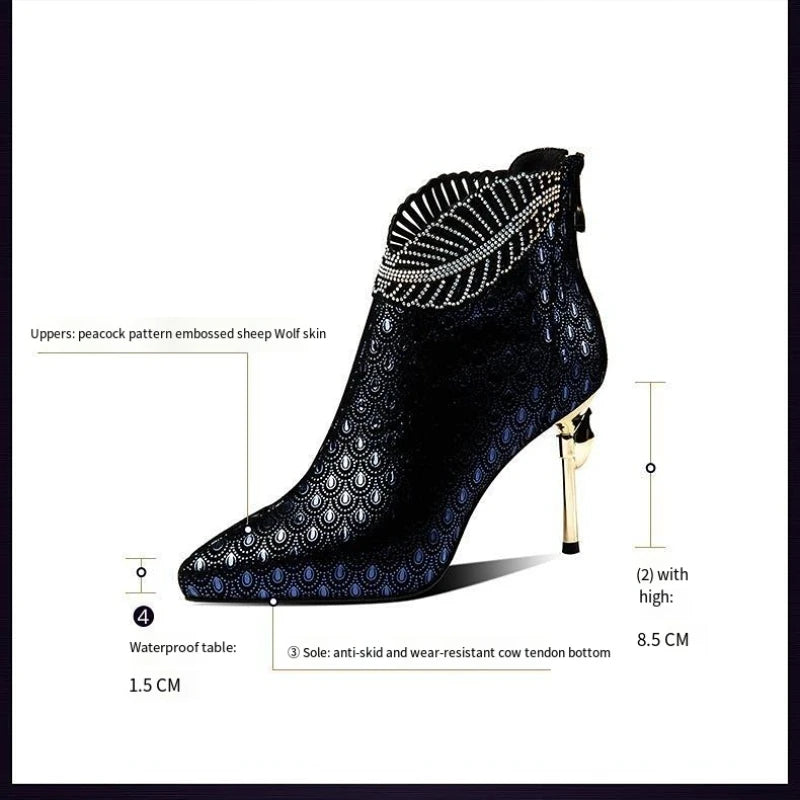 Embossed Women High Heels Peacock Pattern Leather Woman Boots Elegant Pointed Toe Stilettos Autumn Banquet Party Shoes for Women