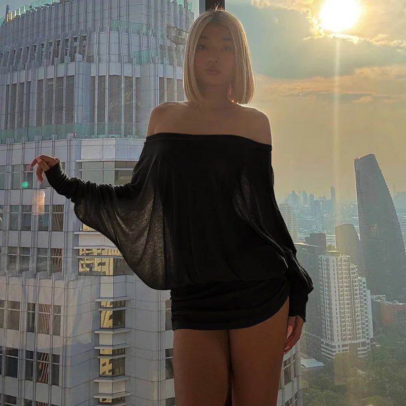 2000S Spring Summer Womens Fashion Tideway Solid Color Skirt Casual Party Clubwear Fit Long Sexy Sleeve Off Shoulder Short Dress