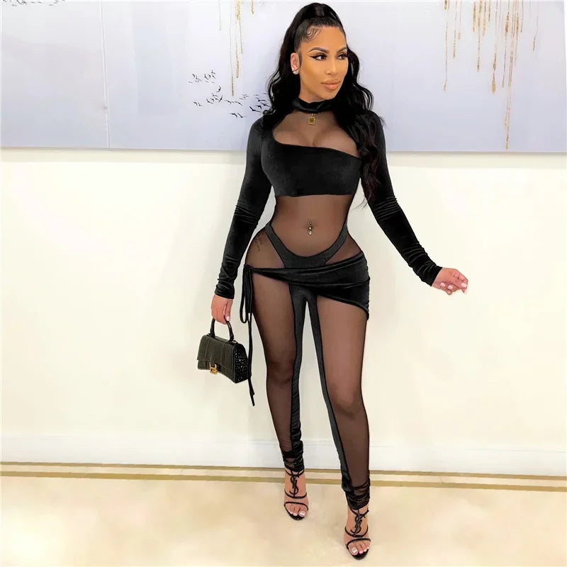 Sexy See-through Mesh Patchwork Velvet Jumpsuit Women Clubwear Long Sleeve Rompers Womens Jumpsuit Bodycon Overalls for Women