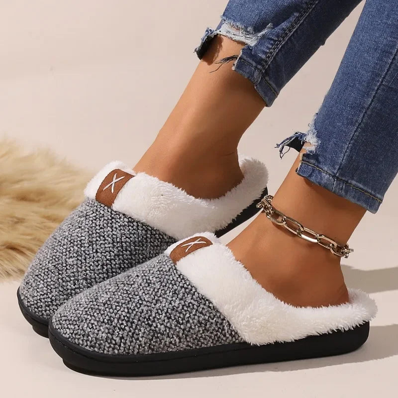 Women Simple Wool Slippers 2024 Winter Soft Warm Plush Non Slip Thick Sole Slippers Comfortable Home Cotten Shoes New Year Gift