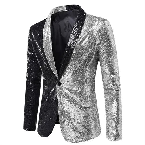 Shiny Sequin Men's Suit Jacket, Stage Performance Coat, White Silver Blue Red Purple Blazers V-neck Single Button S M L XL XXL