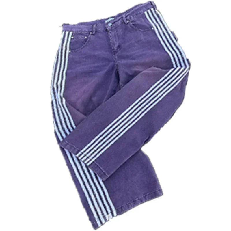 High Street Vintage striped embroidered high-waisted Jeans Men Women casual pants Harajuku Hip Hop Street baggy wide-leg jeans