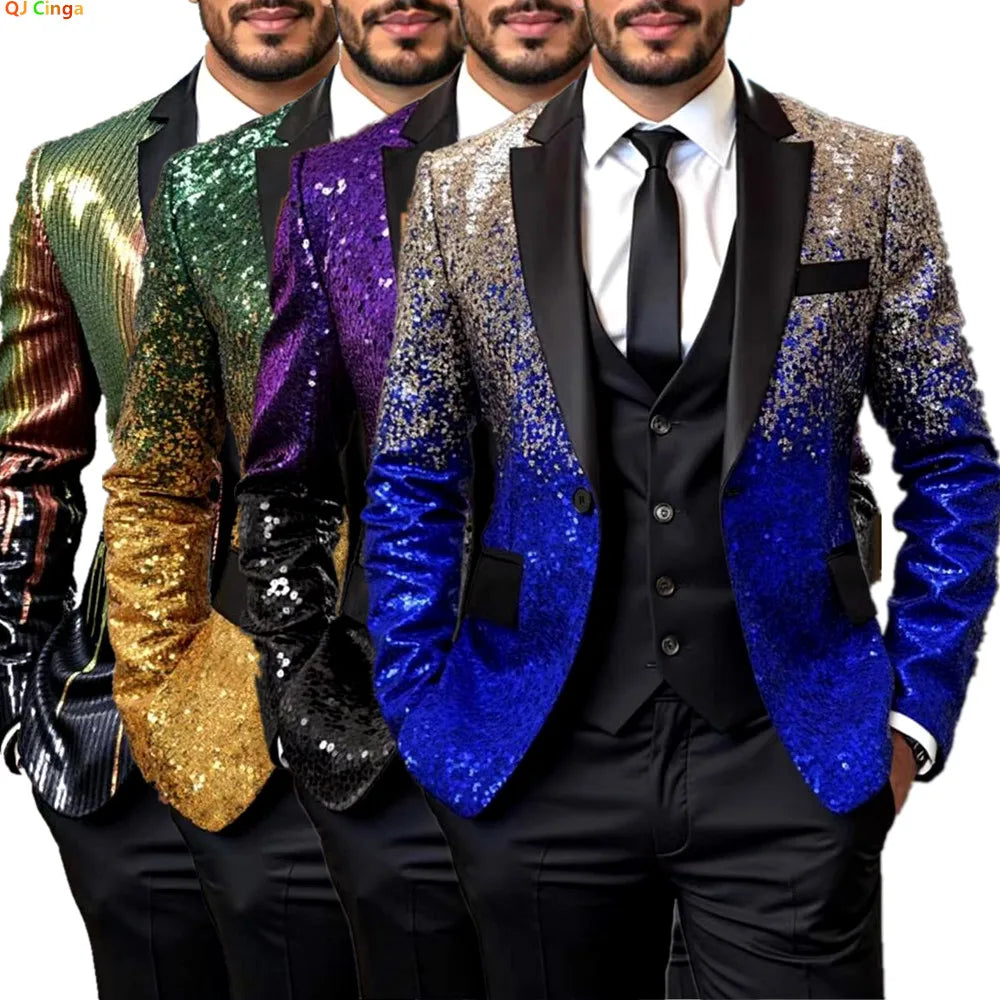 Shiny Sequin Tuxedo Jacket for Men - Royal Blue & Gold Gradient, Black Lapel, Formal Party/Wedding/Stage Wear‌ Coat.