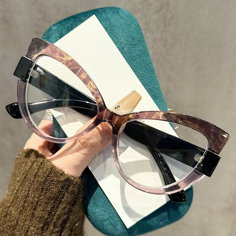 2025 New Fashionable and Versatile Cat Eye Glasses with Personalized Large Frame Color Blocking Design Anti-Blue Light Glasses