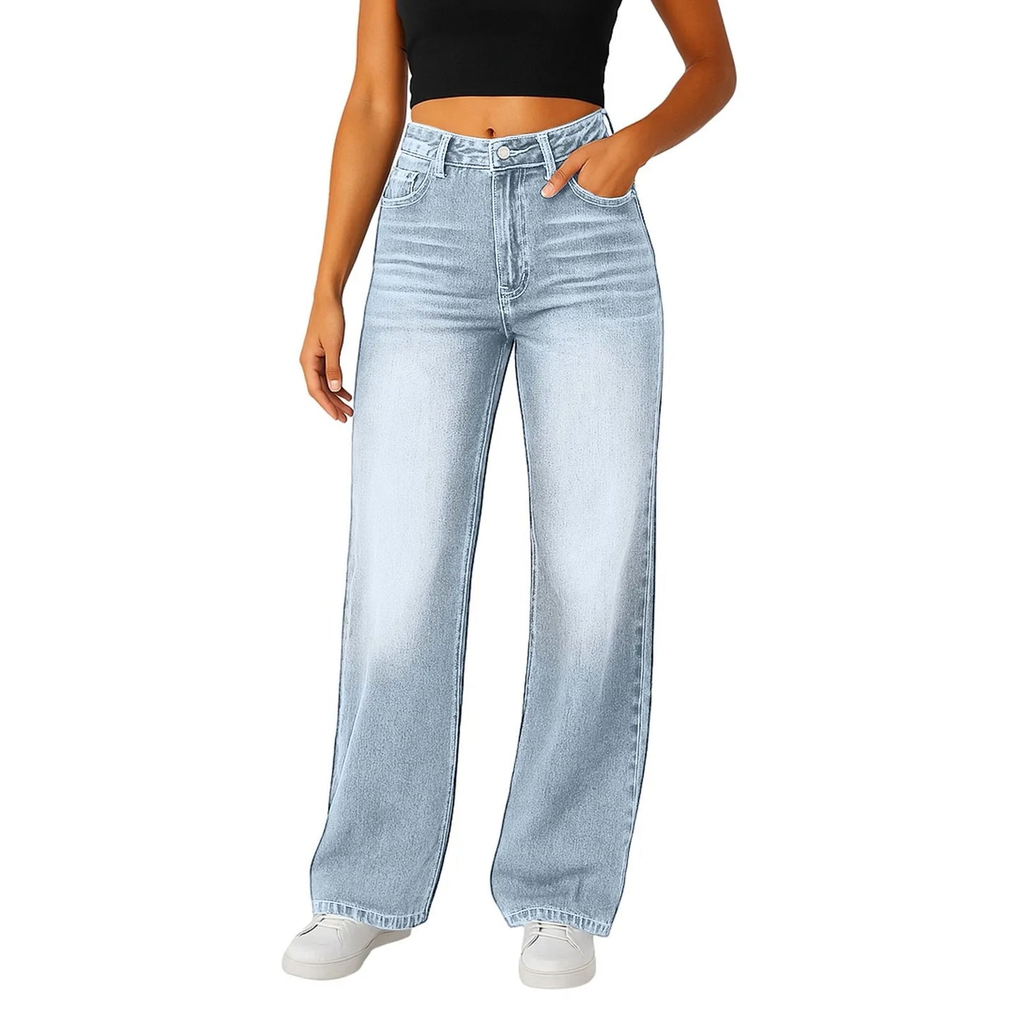 Wide-Leg Jeans Women Light Blue High-Waisted Simple Design Fashionable Trousers Loose-Fitting High-Height Pants Suitable Daily