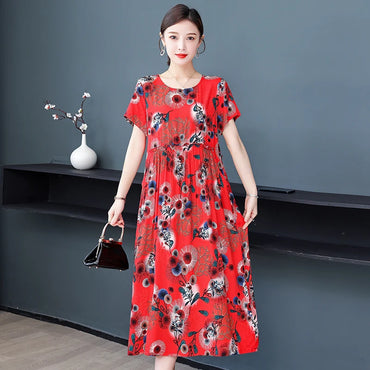 New 2023 Women Summer Dresses Vintage Plus Size Causal O-neck Short Sleeve Floral Vestido Elegant Print Dress