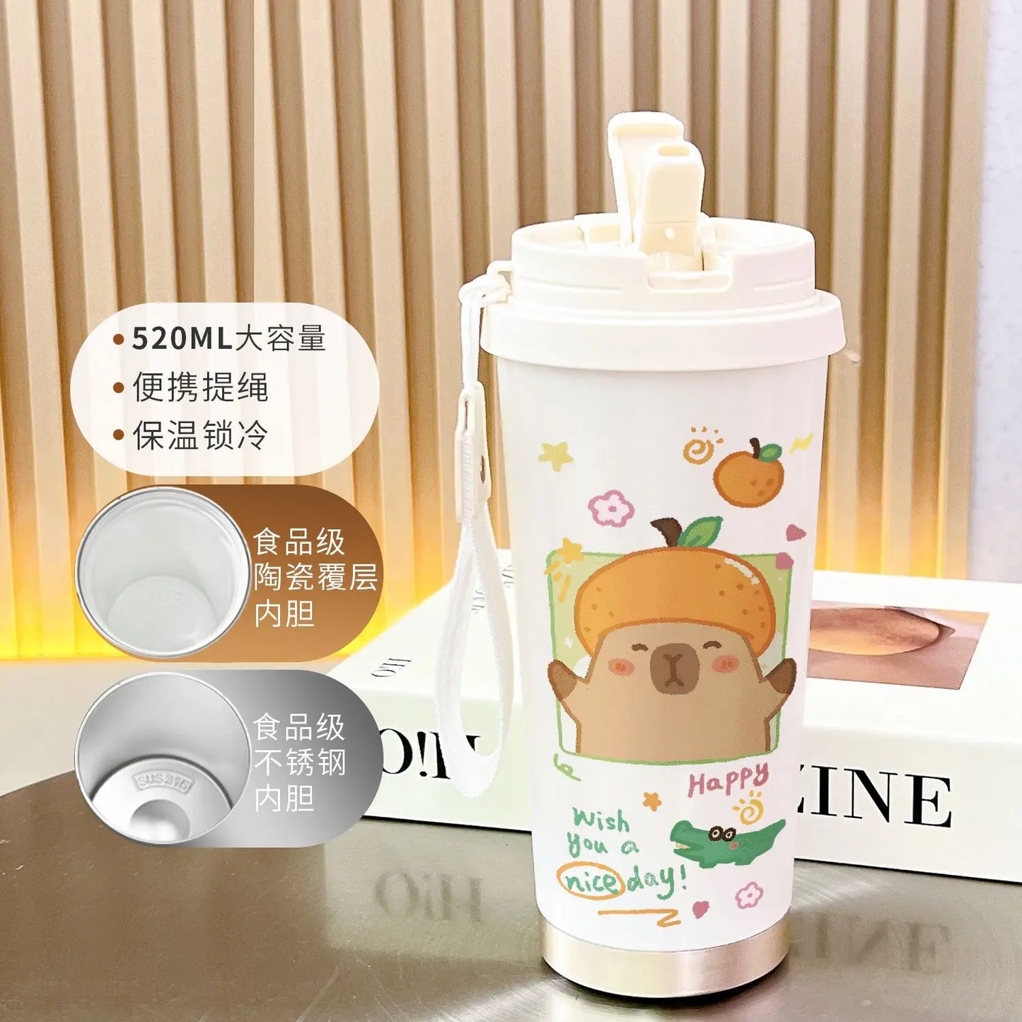 Cartoon Capybara Insulated Stainless Steel Mug High Quality Coffee Cup kapibara Portable Water Cup Vehicle-mounted Bottle